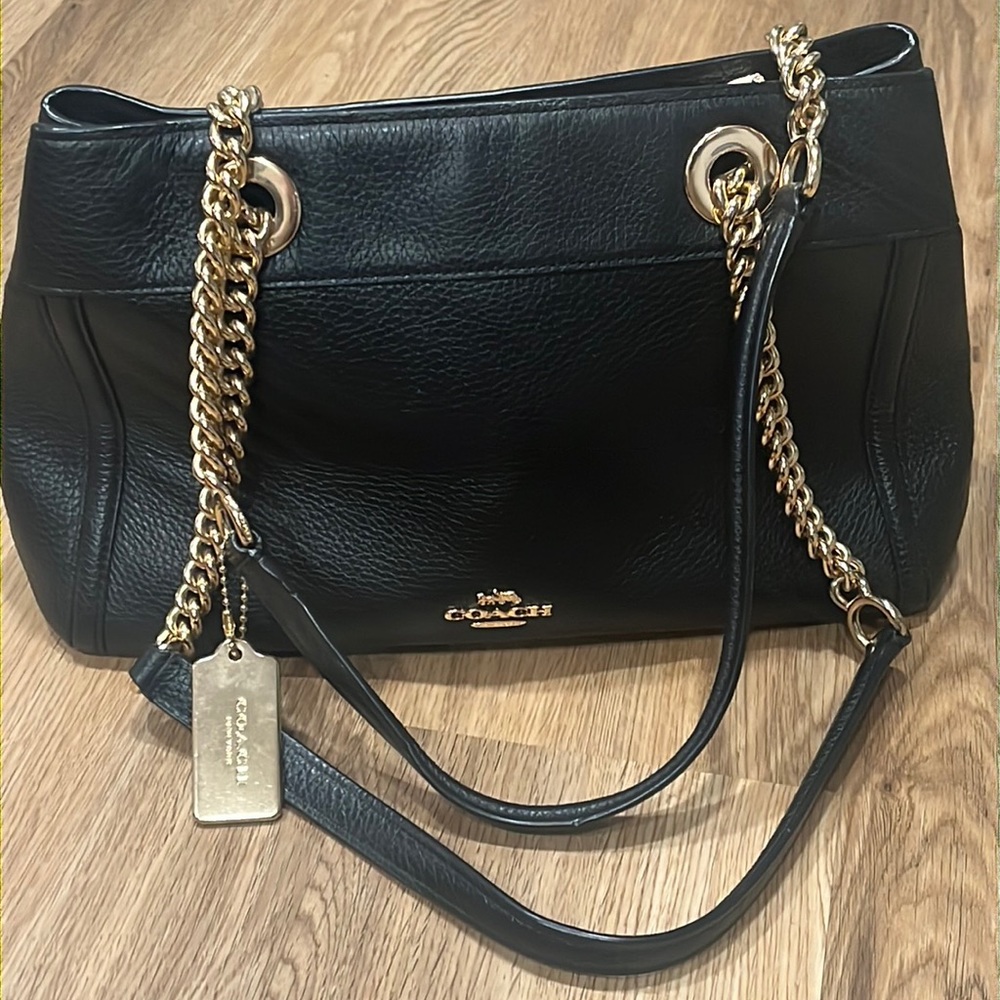 Black leather coach shoulder bag with gold chain straps